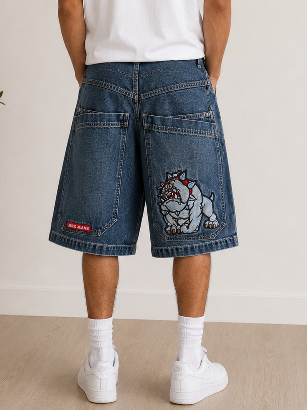 Rare VTG JNCO Jeans Denim Bulldog Embroidered Cargo Shorts Jorts Baggy - size 28